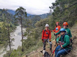 Bigfoot Trail Alliance volunteer trail work team along the Bluff Creek Trail.
